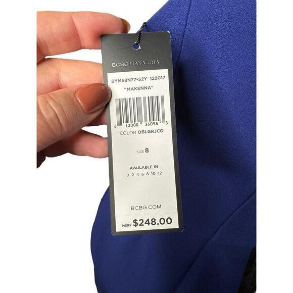 BCBGMAXAZRIA NEW Makenna Halter Dress Blue Asymmetrical Hem Size 8 Cocktail - Picture 8 of 11
